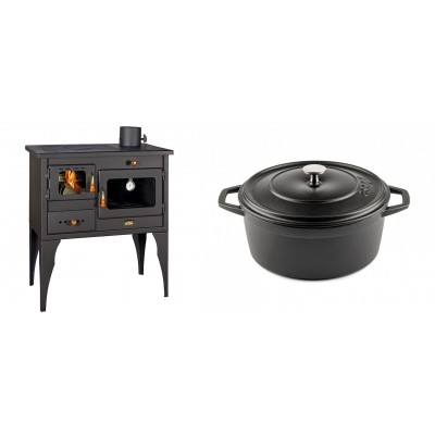 Set Küchenofen / Küchenhexe Prity mit Backofen und Kochplatte, Modell 1P34L, Leistung 10.1kW, Füße + Gusseisen Topf Tiefer Solagio, Black Onyx, Ф24 - Kaminofen - Holzofen mit Backfach
