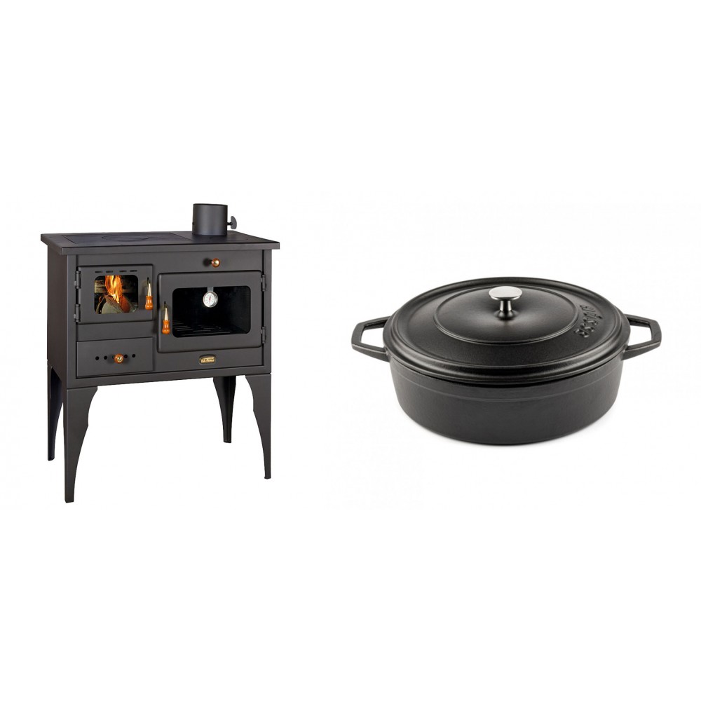 Set Küchenofen / Küchenhexe Prity mit Backofen und Kochplatte, Modell 1P34L, Leistung 10.1kW, Füße + Gusseisen Topf Flach Solagio, Black Onyx, Ф26 | Kaminofen - Holzofen mit Backfach | Kaminofen |