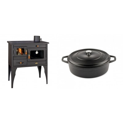 Set Küchenofen / Küchenhexe Prity mit Backofen und Kochplatte, Modell 1P34L, Leistung 10.1kW, Füße + Gusseisen Topf Flach Solagio, Black Onyx, Ф26 - Kaminofen - Holzofen mit Backfach