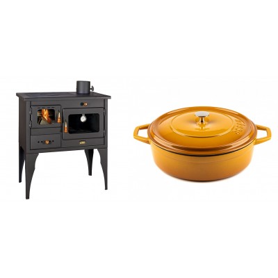 Set Küchenofen / Küchenhexe Prity mit Backofen und Kochplatte, Modell 1P34L, Leistung 10.1kW, Füße + Gusseisen Topf Flach Solagio, Dijon, Ф28 - Kaminofen - Holzofen mit Backfach