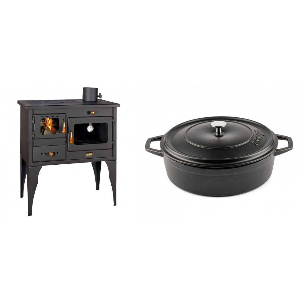 Set Küchenofen / Küchenhexe Prity mit Backofen und Kochplatte, Modell 1P34L, Leistung 10.1kW, Füße + Gusseisen Topf Flach Solagio, Black Onyx, Ф28 | Kaminofen - Holzofen mit Backfach | Kaminofen |