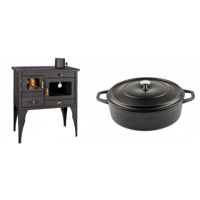 Set Küchenofen / Küchenhexe Prity mit Backofen und Kochplatte, Modell 1P34L, Leistung 10.1kW, Füße + Gusseisen Topf Flach Solagio, Black Onyx, Ф28 - Kaminofen - Holzofen mit Backfach