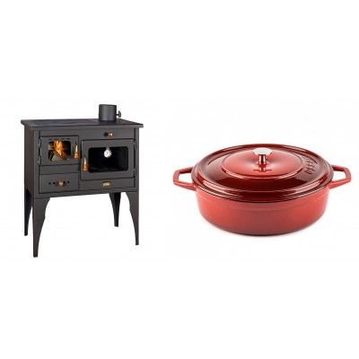 Set Küchenofen / Küchenhexe Prity mit Backofen und Kochplatte, Modell 1P34L, Leistung 10.1kW, Füße + Gusseisen Topf Flach Solagio, Rubin, Ф28 - Kaminofen - Holzofen mit Backfach