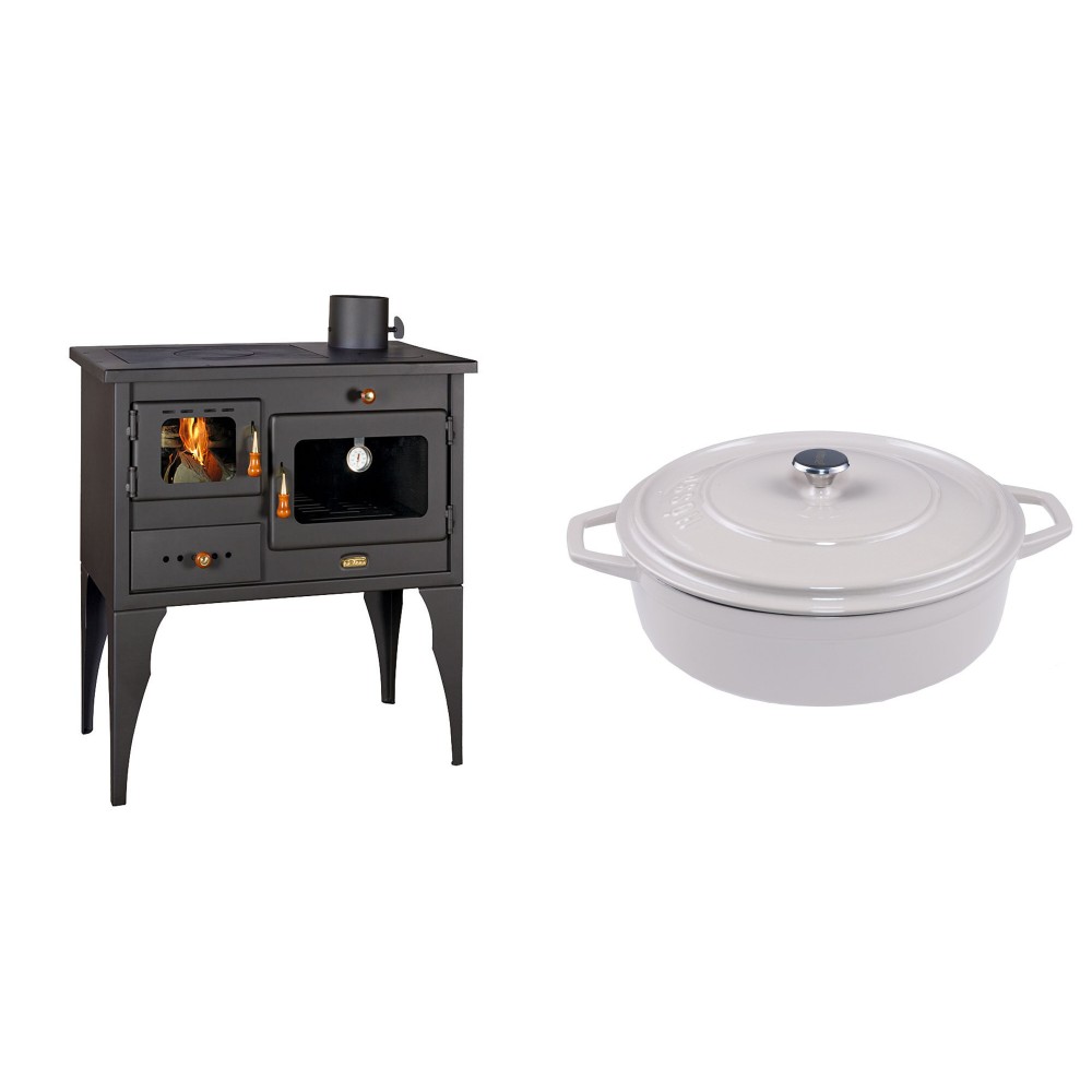 Set Küchenofen / Küchenhexe Prity mit Backofen und Kochplatte, Modell 1P34L, Leistung 10.1kW, Füße + Gusseisen Topf Flach Solagio, Ivory, Ф28