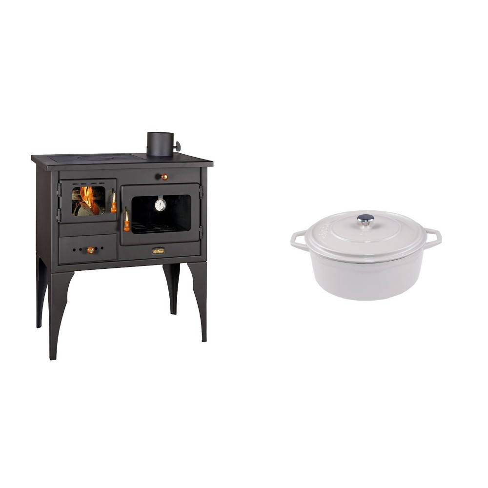 Set Küchenofen / Küchenhexe Prity mit Backofen und Kochplatte, Modell 1P34L, Leistung 10.1kW, Füße + Gusseisen Topf Tiefer Solagio, Ivory, Ф12