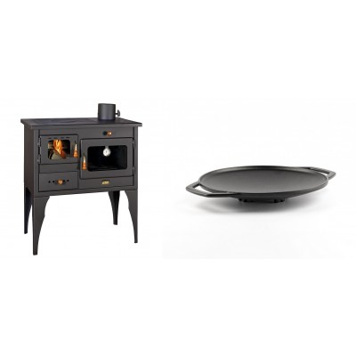 Set Küchenofen / Küchenhexe Prity mit Backofen und Kochplatte, Modell 1P34L, Leistung 10.1kW, Füße + Backplatte aus Gusseisen Solagio, Ф28cm - Kaminofen - Holzofen mit Backfach