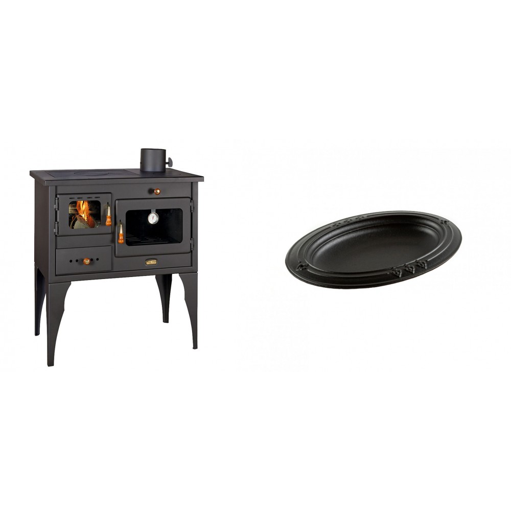 Set Küchenofen / Küchenhexe Prity mit Backofen und Kochplatte, Modell 1P34L, Leistung 10.1kW, Füße + Gusseiserne auflaufform Solagio oval, 25x33cm | Kaminofen - Holzofen mit Backfach | Kaminofen |