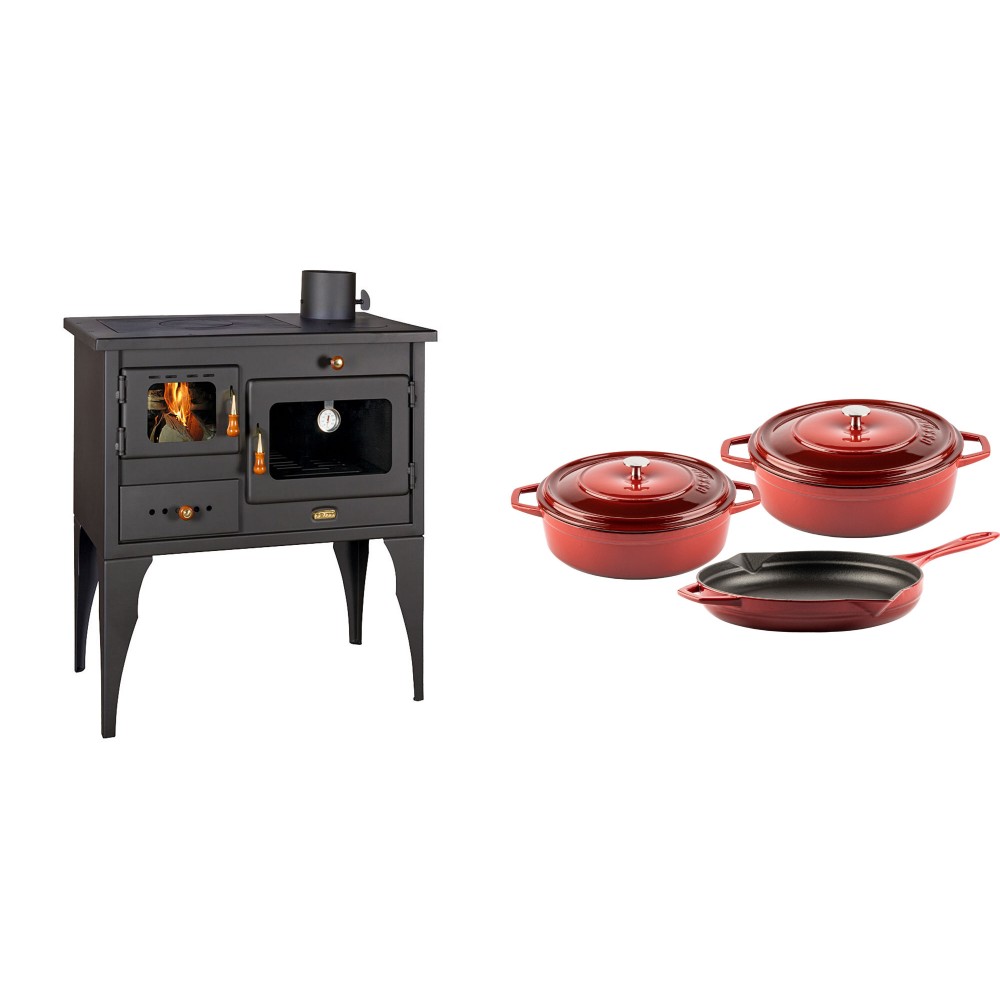 Set Küchenofen / Küchenhexe Prity mit Backofen und Kochplatte, Modell 1P34L, Leistung 10.1kW, Füße + Gusseisen Topf Set aus 3 teilen Solagio, Rubin | Kaminofen - Holzofen mit Backfach | Kaminofen |