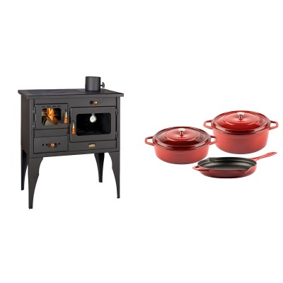 Set Küchenofen / Küchenhexe Prity mit Backofen und Kochplatte, Modell 1P34L, Leistung 10.1kW, Füße + Gusseisen Topf Set aus 3 teilen Solagio, Rubin - Kaminofen - Holzofen mit Backfach