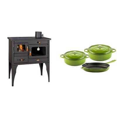 Set Küchenofen / Küchenhexe Prity mit Backofen und Kochplatte, Modell 1P34L, Leistung 10.1kW, Füße + Gusseisen Topf Set aus 3 teilen Solagio, Bamboo - Kaminofen - Holzofen mit Backfach