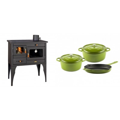 Set Küchenofen / Küchenhexe Prity mit Backofen und Kochplatte, Modell 1P34L, Leistung 10.1kW, Füße + Gusseisen Topf Set aus 3 teilen Solagio, Bamboo - Kaminofen - Holzofen mit Backfach