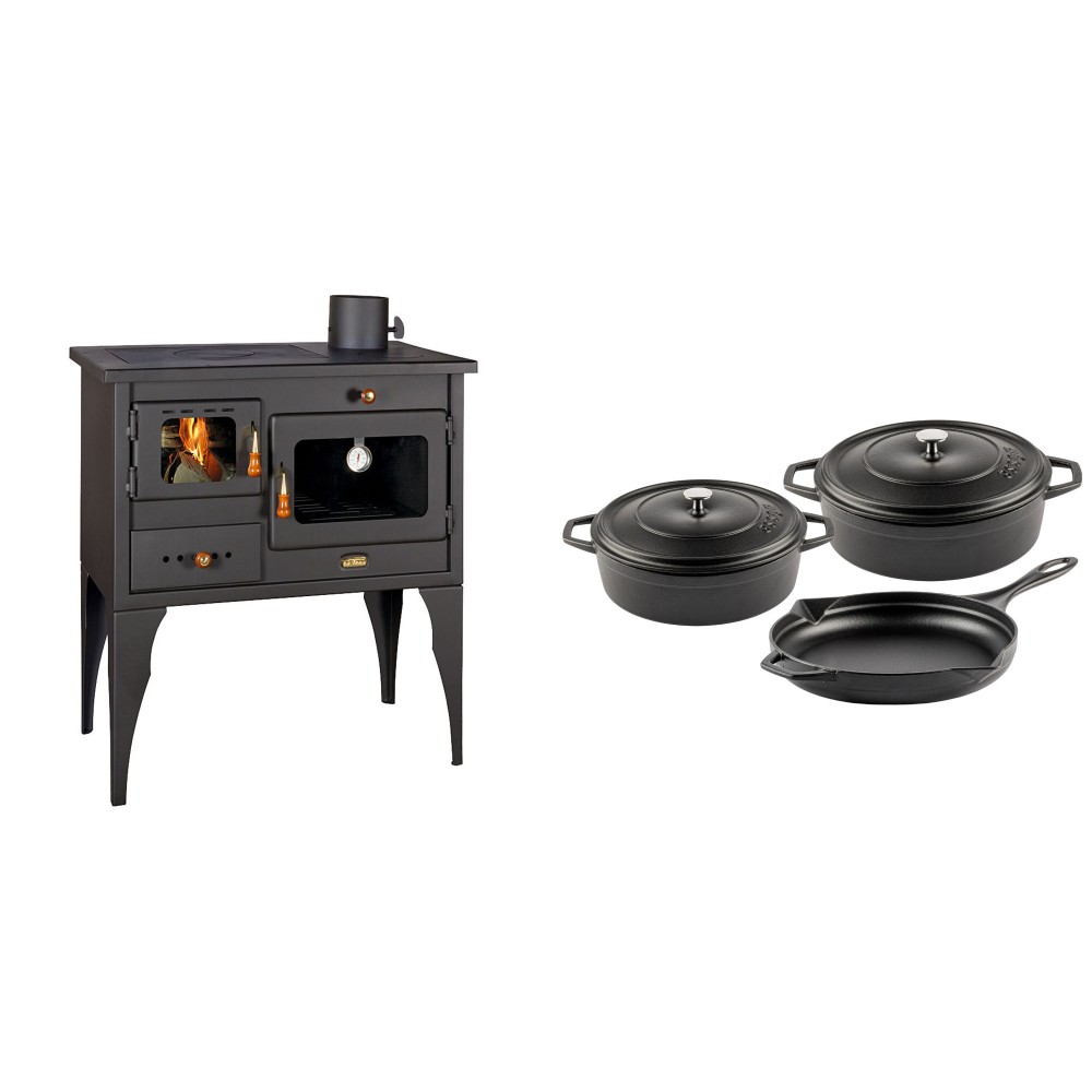 Set Küchenofen / Küchenhexe Prity mit Backofen und Kochplatte, Modell 1P34L, Leistung 10.1kW, Füße + Gusseisen Topf Set aus 3 teilen Solagio, Black Onyx | Kaminofen - Holzofen mit Backfach | Kaminofen |