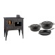 Set Küchenofen / Küchenhexe Prity mit Backofen und Kochplatte, Modell 1P34L, Leistung 10.1kW, Füße + Gusseisen Topf Set aus 3 teilen Solagio, Black Onyx | Kaminofen - Holzofen mit Backfach | Kaminofen |