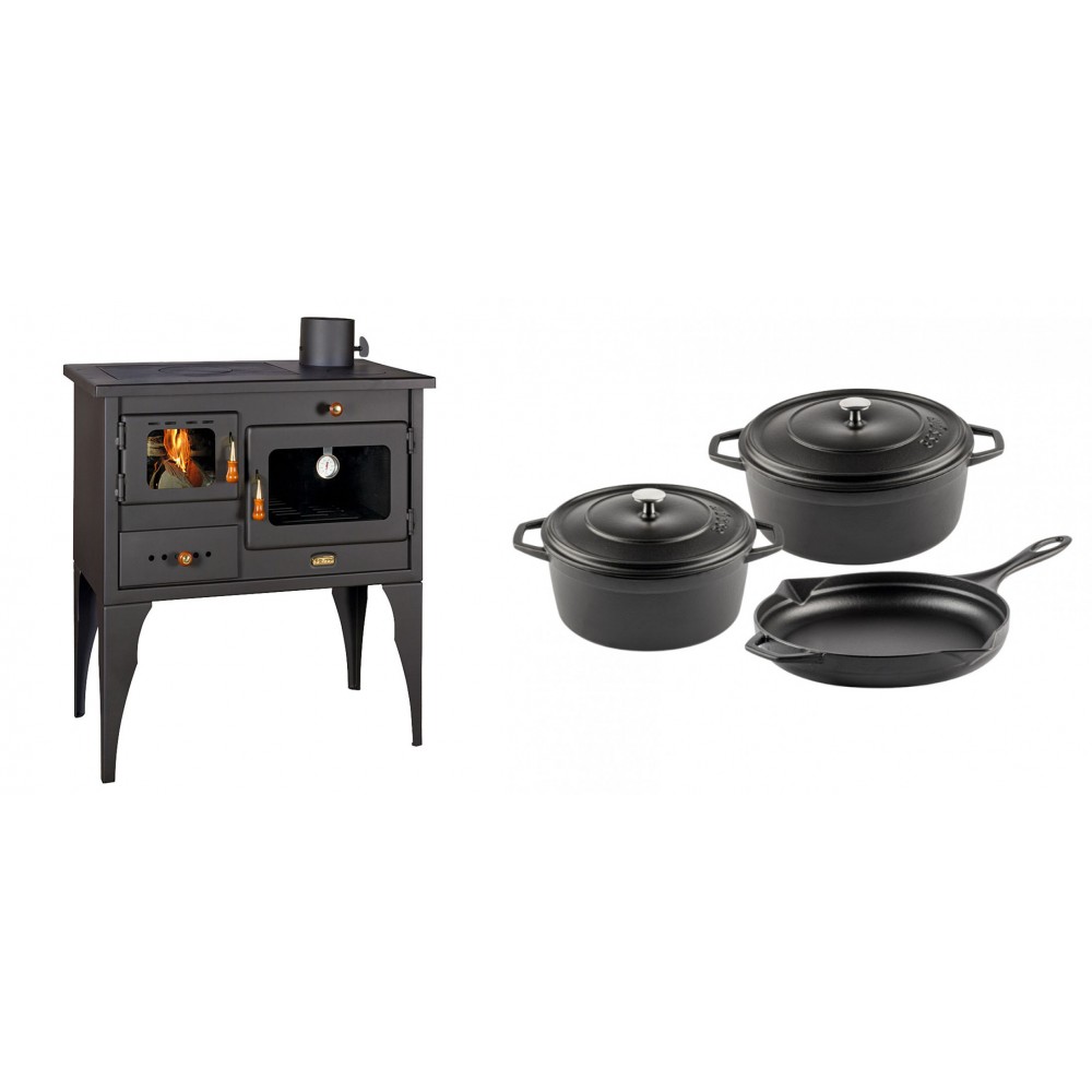 Set Küchenofen / Küchenhexe Prity mit Backofen und Kochplatte, Modell 1P34L, Leistung 10.1kW, Füße + Gusseisen Topf Set aus 3 teilen Solagio, Black Onyx | Kaminofen - Holzofen mit Backfach | Kaminofen |