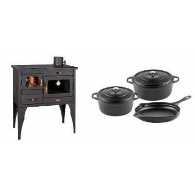 Set Küchenofen / Küchenhexe Prity mit Backofen und Kochplatte, Modell 1P34L, Leistung 10.1kW, Füße + Gusseisen Topf Set aus 3 teilen Solagio, Black Onyx - Kaminofen - Holzofen mit Backfach