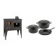 Set Küchenofen / Küchenhexe Prity mit Backofen und Kochplatte, Modell 1P34L, Leistung 10.1kW, Füße + Gusseisen Topf Set aus 3 teilen Solagio, Black Onyx | Kaminofen - Holzofen mit Backfach | Kaminofen |