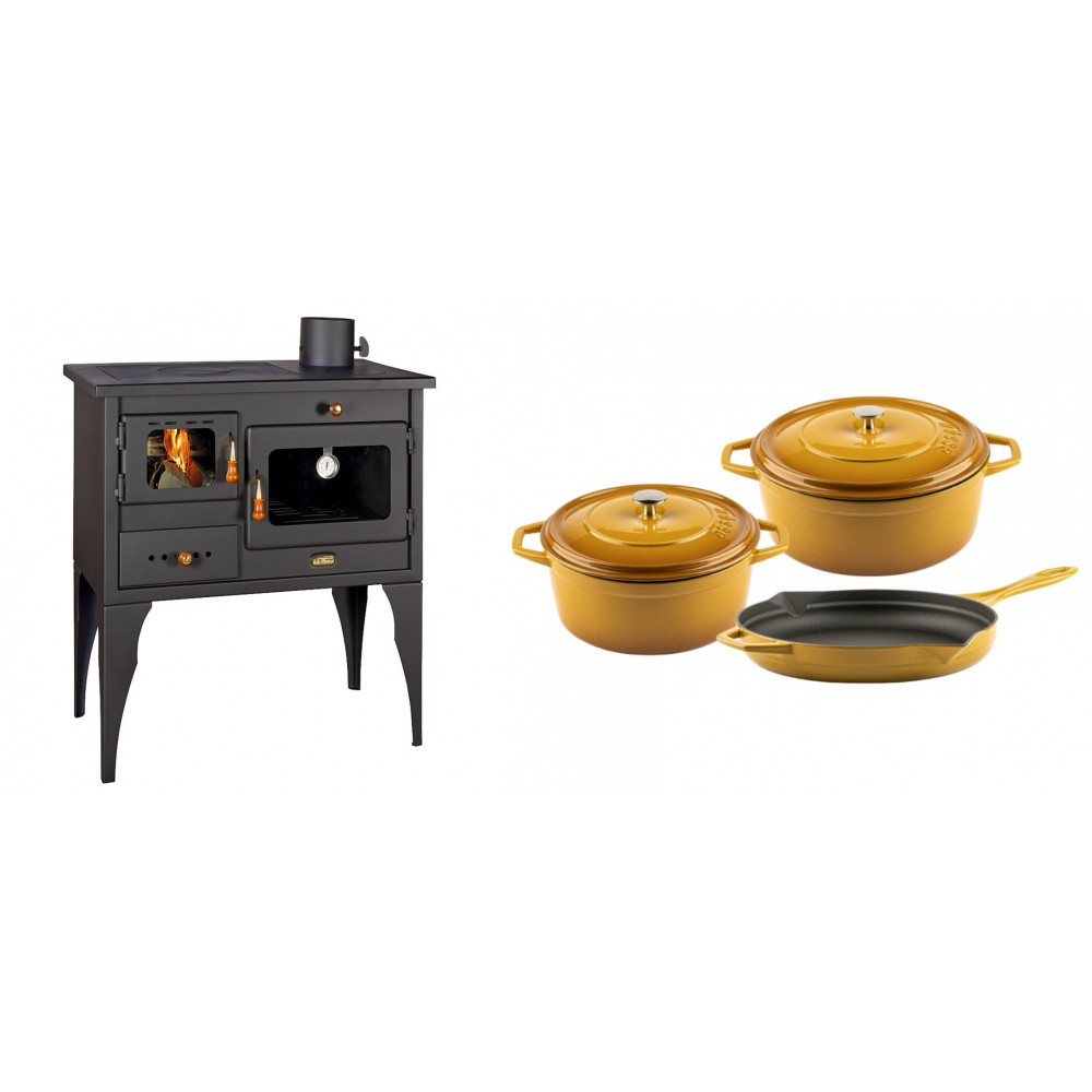 Set Küchenofen / Küchenhexe Prity mit Backofen und Kochplatte, Modell 1P34L, Leistung 10.1kW, Füße + Gusseisen Topf Set aus 3 teilen Solagio, Dijon | Kaminofen - Holzofen mit Backfach | Kaminofen |