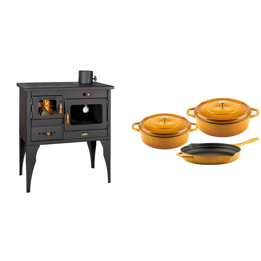 Set Küchenofen / Küchenhexe Prity mit Backofen und Kochplatte, Modell 1P34L, Leistung 10.1kW, Füße + Gusseisen Topf Set aus 3 teilen Solagio, Dijon