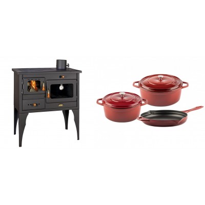 Set Küchenofen / Küchenhexe Prity mit Backofen und Kochplatte, Modell 1P34L, Leistung 10.1kW, Füße + Gusseisen Topf Set aus 3 teilen Solagio, Rubin - Kaminofen - Holzofen mit Backfach