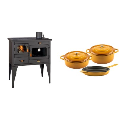 Set Küchenofen / Küchenhexe Prity mit Backofen und Kochplatte, Modell 1P34L, Leistung 10.1kW, Füße + Gusseisen Topf Set aus 3 teilen Solagio, Dijon - Kaminofen - Holzofen mit Backfach