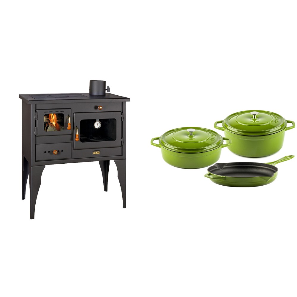 Set Küchenofen / Küchenhexe Prity mit Backofen und Kochplatte, Modell 1P34L, Leistung 10.1kW, Füße + Gusseisen Topf Set aus 3 teilen Solagio, Bamboo