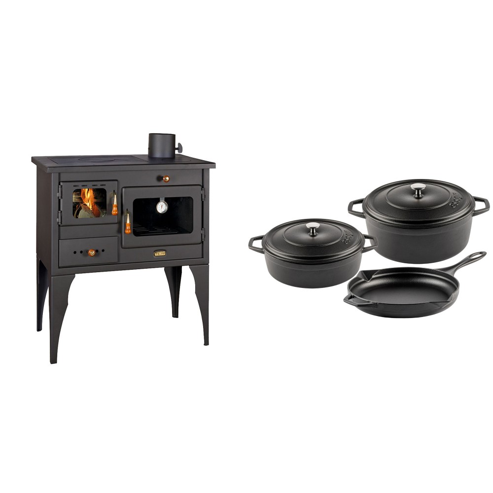 Set Küchenofen / Küchenhexe Prity mit Backofen und Kochplatte, Modell 1P34L, Leistung 10.1kW, Füße + Gusseisen Topf Set aus 3 teilen Solagio, Black Onyx