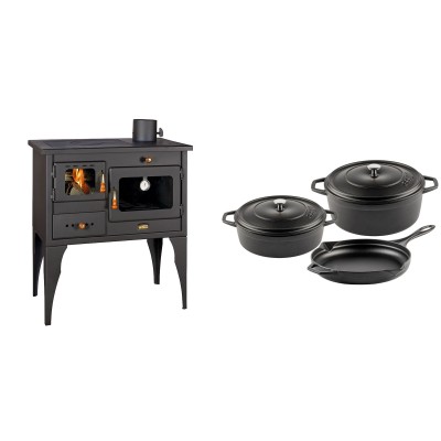 Set Küchenofen / Küchenhexe Prity mit Backofen und Kochplatte, Modell 1P34L, Leistung 10.1kW, Füße + Gusseisen Topf Set aus 3 teilen Solagio, Black Onyx - Kaminofen - Holzofen mit Backfach