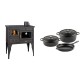 Set Küchenofen / Küchenhexe Prity mit Backofen und Kochplatte, Modell 1P34L, Leistung 10.1kW, Füße + Gusseisen Topf Set aus 3 teilen Solagio, Black Onyx | Kaminofen - Holzofen mit Backfach | Kaminofen |