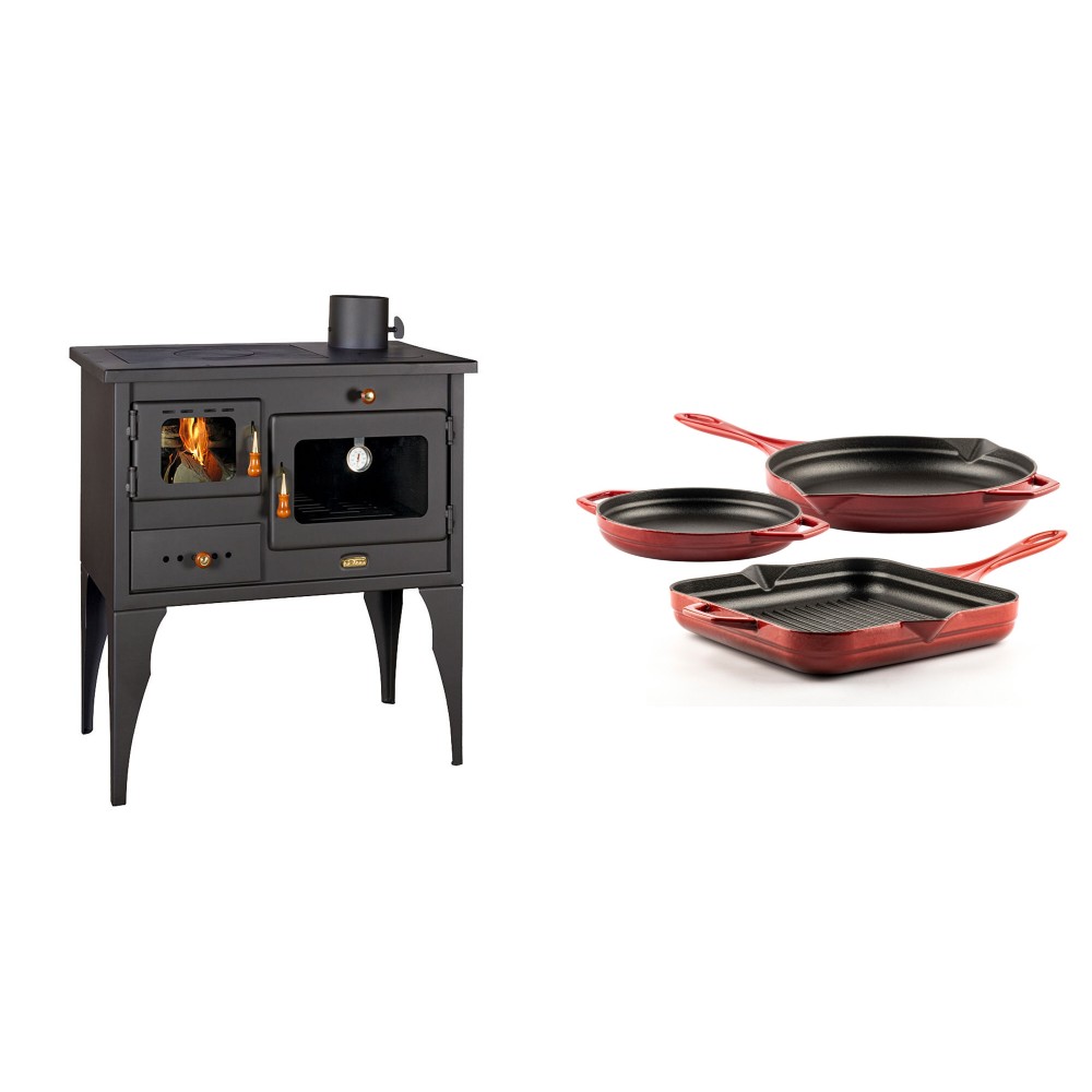 Set Küchenofen / Küchenhexe Prity mit Backofen und Kochplatte, Modell 1P34L, Leistung 10.1kW, Füße + Gusseisen Topf Set aus 3 teilen Solagio, Rubin