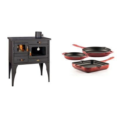 Set Küchenofen / Küchenhexe Prity mit Backofen und Kochplatte, Modell 1P34L, Leistung 10.1kW, Füße + Gusseisen Topf Set aus 3 teilen Solagio, Rubin - Kaminofen - Holzofen mit Backfach