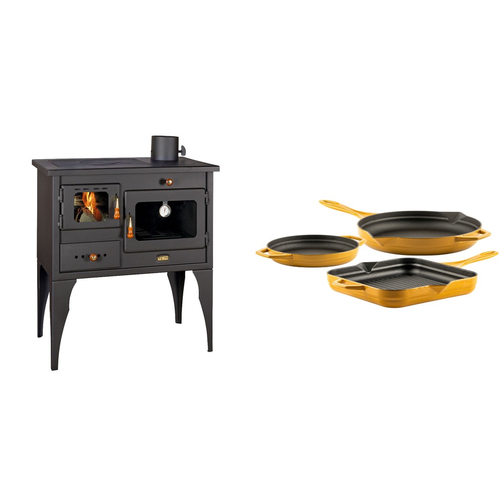 Set Küchenofen / Küchenhexe Prity mit Backofen und Kochplatte, Modell 1P34L, Leistung 10.1kW, Füße + Gusseisen Topf Set aus 3 teilen Solagio, Dijon