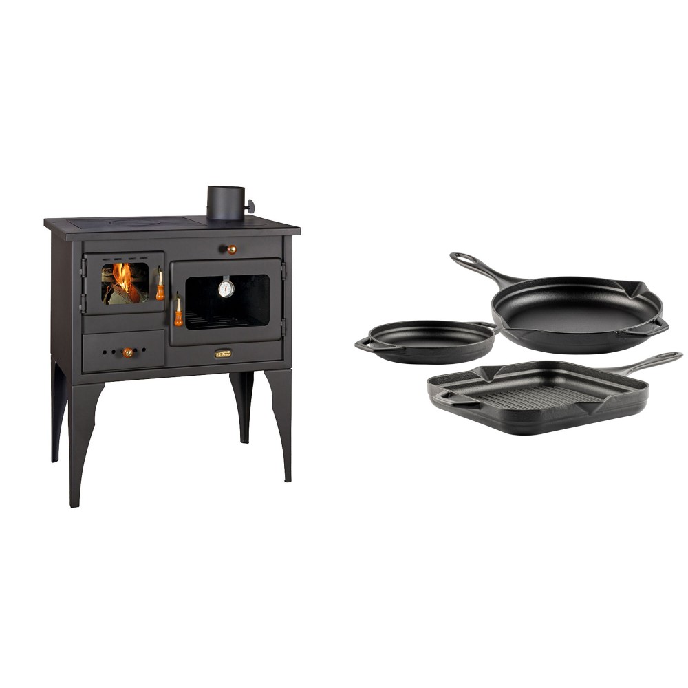 Set Küchenofen / Küchenhexe Prity mit Backofen und Kochplatte, Modell 1P34L, Leistung 10.1kW, Füße + Gusseisen Topf Set aus 3 teilen Solagio, Black Onyx