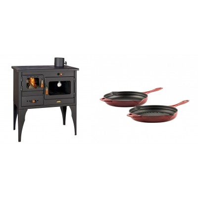 Set Küchenofen / Küchenhexe Prity mit Backofen und Kochplatte, Modell 1P34L, Leistung 10.1kW, Füße + Gusseisen Topf Set aus 2 teilen Solagio, Rubin - Kaminofen - Holzofen mit Backfach