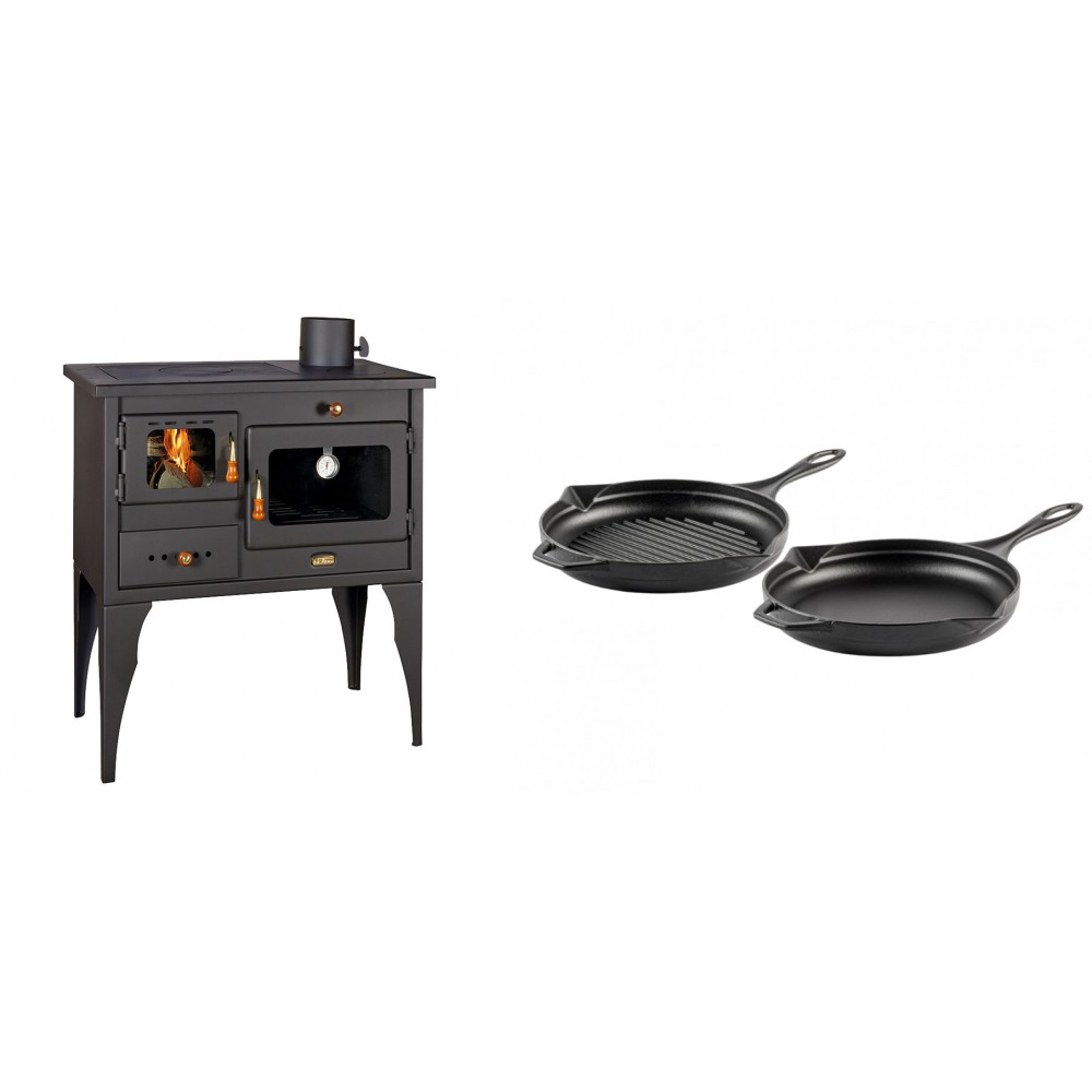 Set Küchenofen / Küchenhexe Prity mit Backofen und Kochplatte, Modell 1P34L, Leistung 10.1kW, Füße + Gusseisen Topf Set aus 2 teilen Solagio, Black Onyx