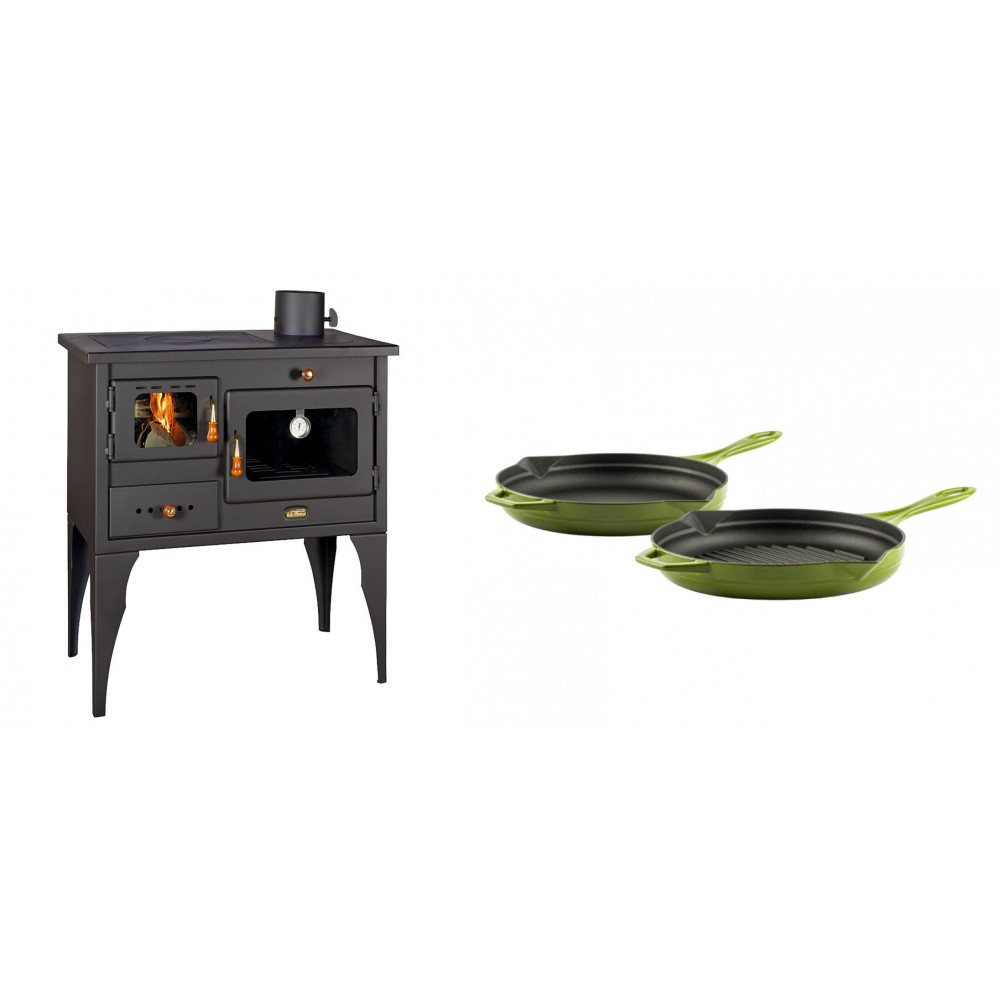 Set Küchenofen / Küchenhexe Prity mit Backofen und Kochplatte, Modell 1P34L, Leistung 10.1kW, Füße + Gusseisen Topf Set aus 2 teilen Solagio, Bamboo