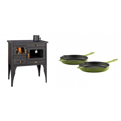 Set Küchenofen / Küchenhexe Prity mit Backofen und Kochplatte, Modell 1P34L, Leistung 10.1kW, Füße + Gusseisen Topf Set aus 2 teilen Solagio, Bamboo - Kaminofen - Holzofen mit Backfach