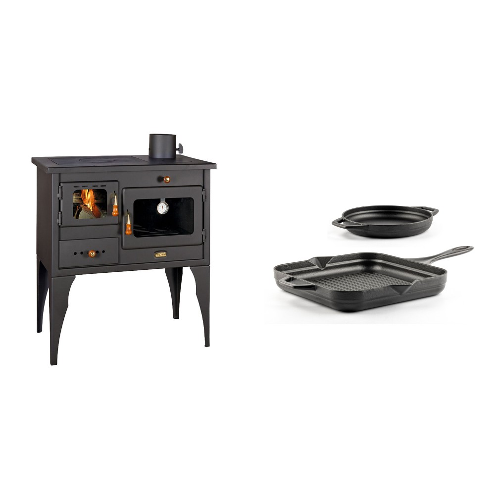 Set Küchenofen / Küchenhexe Prity mit Backofen und Kochplatte, Modell 1P34L, Leistung 10.1kW, Füße + Gusseisen Topf Set aus 2 teilen Solagio, Black Onyx | Kaminofen - Holzofen mit Backfach | Kaminofen |