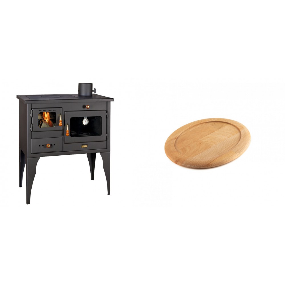 Set Küchenofen / Küchenhexe Prity mit Backofen und Kochplatte, Modell 1P34L, Leistung 10.1kW, Füße + Holz untersetzer für ovale gusseisenpfanne Solagio HSFT1825 | Kaminofen - Holzofen mit Backfach | Kaminofen |