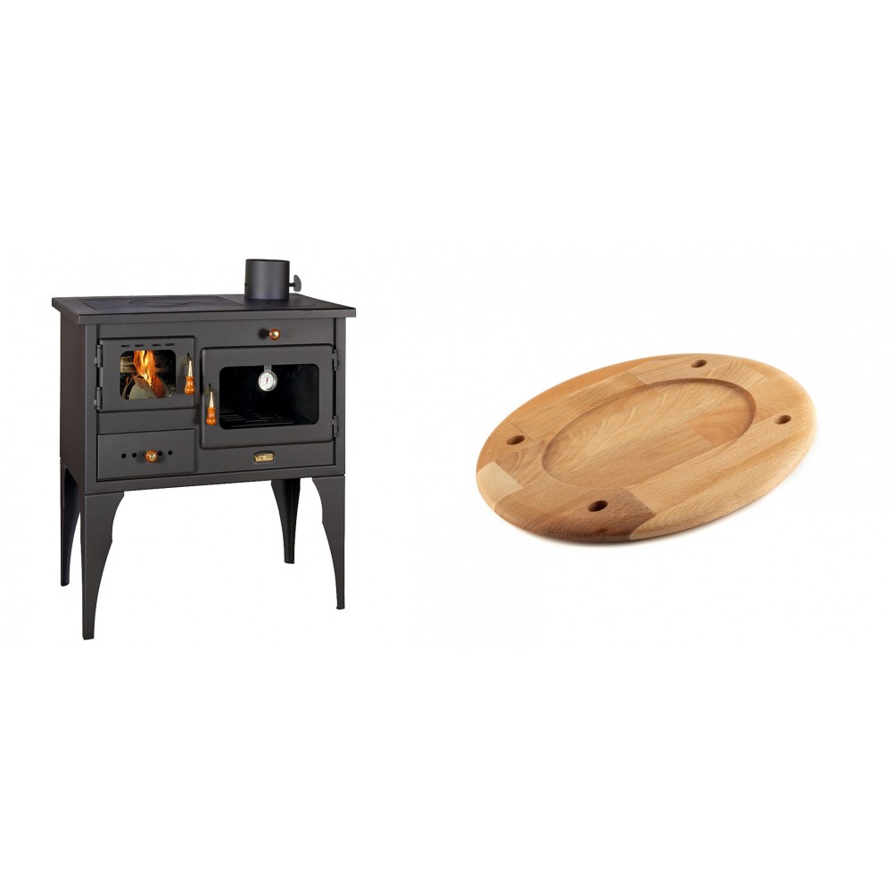 Set Küchenofen / Küchenhexe Prity mit Backofen und Kochplatte, Modell 1P34L, Leistung 10.1kW, Füße + Holz untersetzer für ovale platte Solagio HSOISK2533, 25x33cm