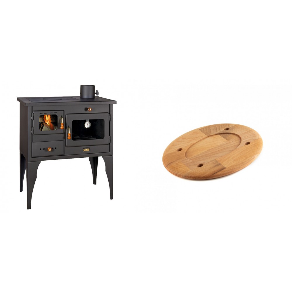 Set Küchenofen / Küchenhexe Prity mit Backofen und Kochplatte, Modell 1P34L, Leistung 10.1kW, Füße + Holz untersetzer für ovale platte Solagio HSOISK1728, 17x28cm