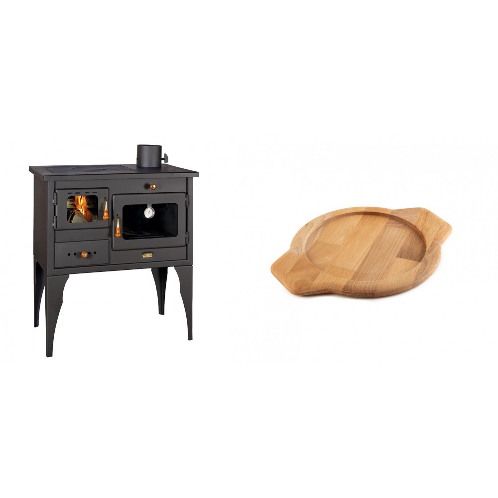 Set Küchenofen / Küchenhexe Prity mit Backofen und Kochplatte, Modell 1P34L, Leistung 10.1kW, Füße + Holz untersetzer für gusseisenschüssel Solagio HSYKTV22
