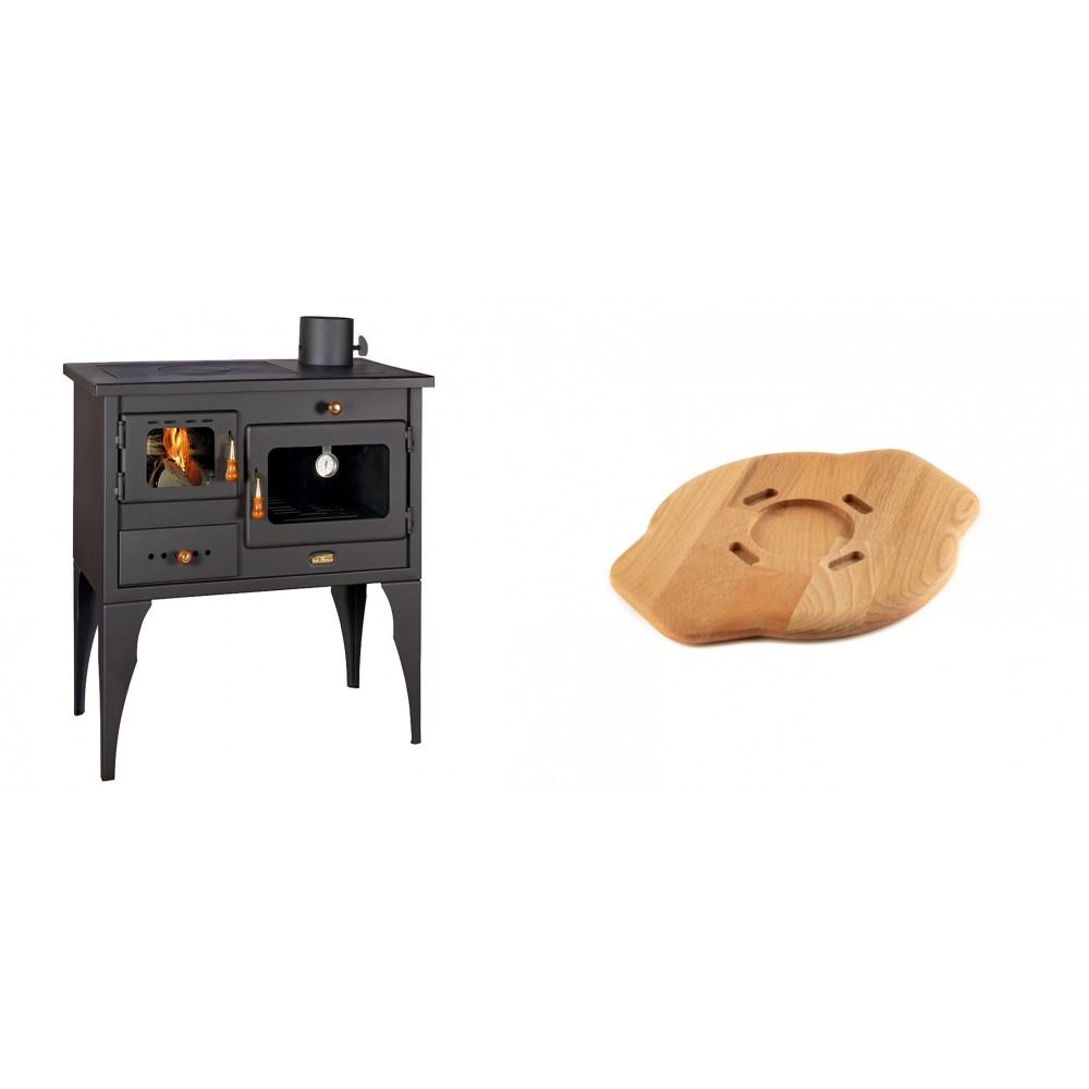 Set Küchenofen / Küchenhexe Prity mit Backofen und Kochplatte, Modell 1P34L, Leistung 10.1kW, Füße + Holz untersetzer für gusseisenplatte Solagio HSYSAK20