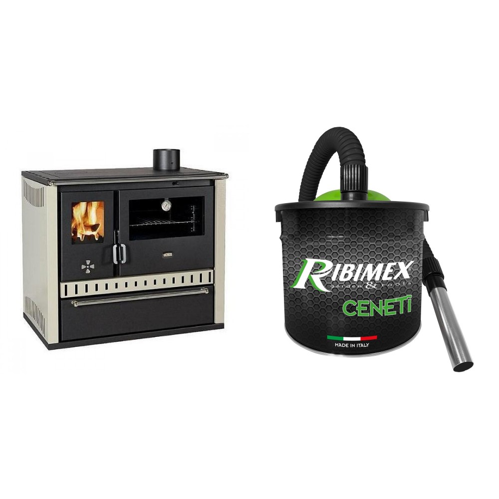 Set Küchenofen / Küchenhexe Prity GT, mit Schublade, Leistung 15 kW + Elektrischer Aschesauger Ribimex, Modell Cenetì, Fassungsvermögen 15 L