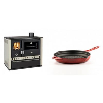 Set Küchenofen / Küchenhexe Prity GT, mit Schublade, Leistung 15 kW + Emaillierte grillpfanne Gusseisen Solagio, Rubin, Ф24cm - Kaminofen - Holzofen mit Backfach
