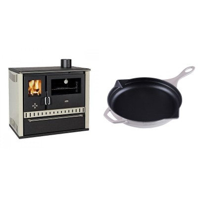 Set Küchenofen / Küchenhexe Prity GT, mit Schublade, Leistung 15 kW + Emaillierte Gusseisenpfanne Solagio, Ivory, Ф28cm - Kaminofen - Holzofen mit Backfach