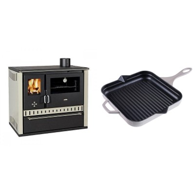 Set Küchenofen / Küchenhexe Prity GT, mit Schublade, Leistung 15 kW + Emaillierte grillpfanne Gusseisen Solagio, Ivory, 28x28cm - Kaminofen - Holzofen mit Backfach