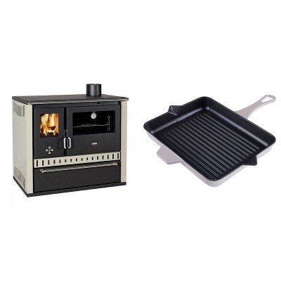 Set Küchenofen / Küchenhexe Prity GT, mit Schublade, Leistung 15 kW + Emaillierte grillpfanne Gusseisen Solagio, Ivory, 26x32cm - Kaminofen - Holzofen mit Backfach