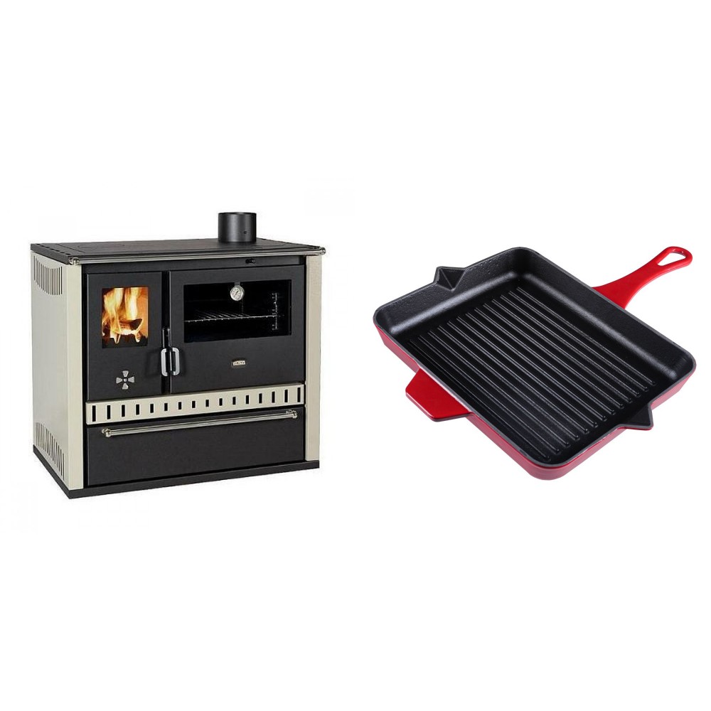 Set Küchenofen / Küchenhexe Prity GT, mit Schublade, Leistung 15 kW + Emaillierte grillpfanne Gusseisen Solagio, Rubin, 26x32cm | Kaminofen - Holzofen mit Backfach | Kaminofen |
