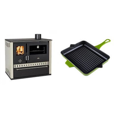 Set Küchenofen / Küchenhexe Prity GT, mit Schublade, Leistung 15 kW + Emaillierte grillpfanne Gusseisen Solagio, Bamboo, 26x32cm - Kaminofen - Holzofen mit Backfach