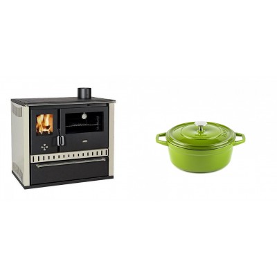 Set Küchenofen / Küchenhexe Prity GT, mit Schublade, Leistung 15 kW + Gusseisen Topf Tiefer Solagio, Bamboo, Ф12 - Kaminofen - Holzofen mit Backfach